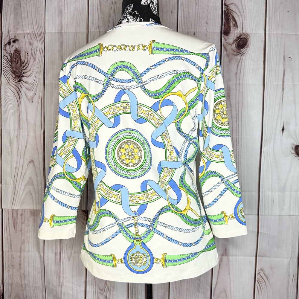 Women’s Cream Long Sleeve Printed Top with Blue & Green Chain Motif - Picture 2 of 4